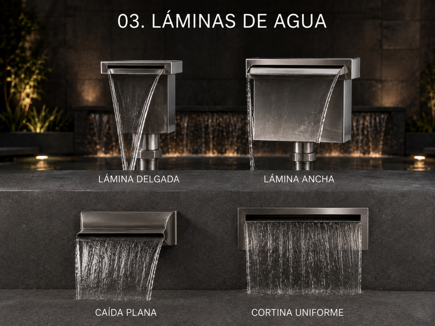 Boquillas de láminas de agua: lámina delgada, lámina ancha, caída plana y cortina uniforme