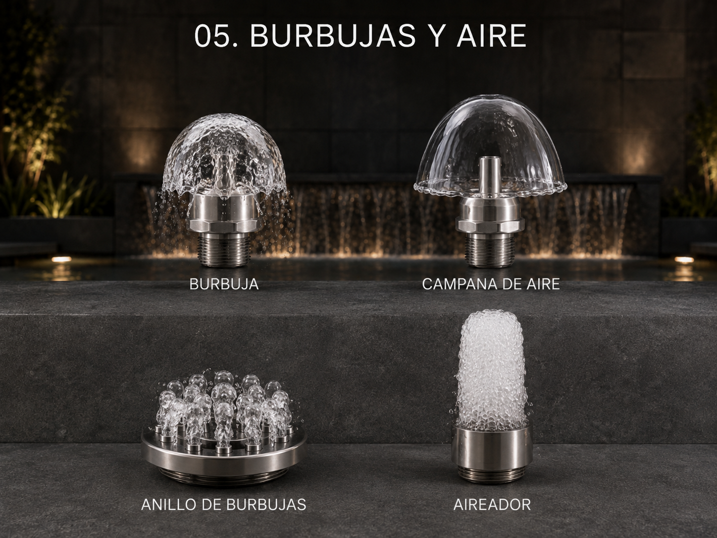 Boquillas de burbujas y aire: burbuja, campana de aire, anillo de burbujas y aireador