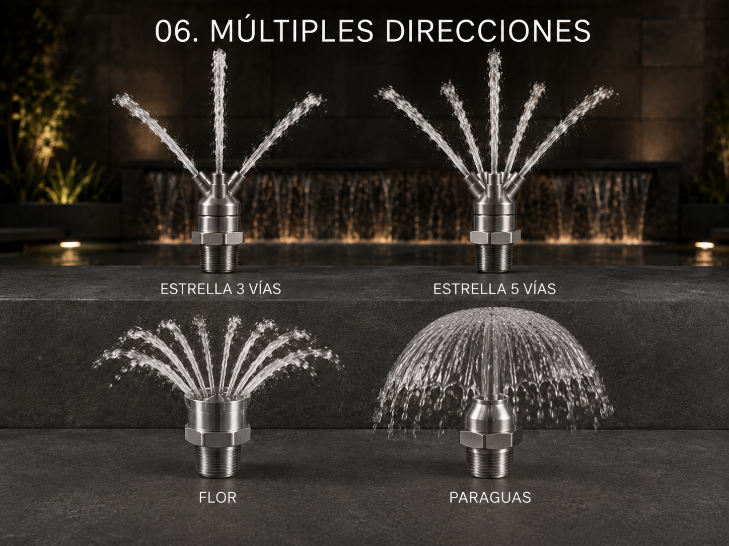 Boquillas de múltiples direcciones: estrella 3 vías, estrella 5 vías, flor y paraguas