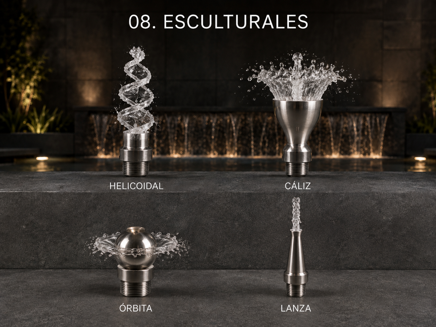 Boquillas esculturales: helicoidal, cáliz, órbita y lanza