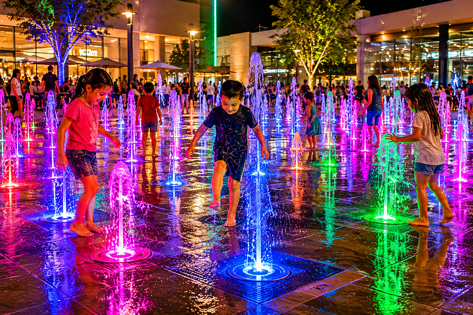 Fuente interactiva de piso con iluminación RGB en plaza comercial