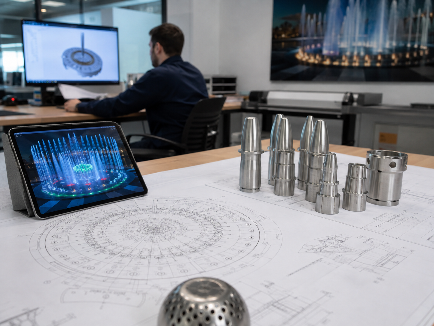 Mesa de ingeniería con planos técnicos y boquillas para diseño de fuente