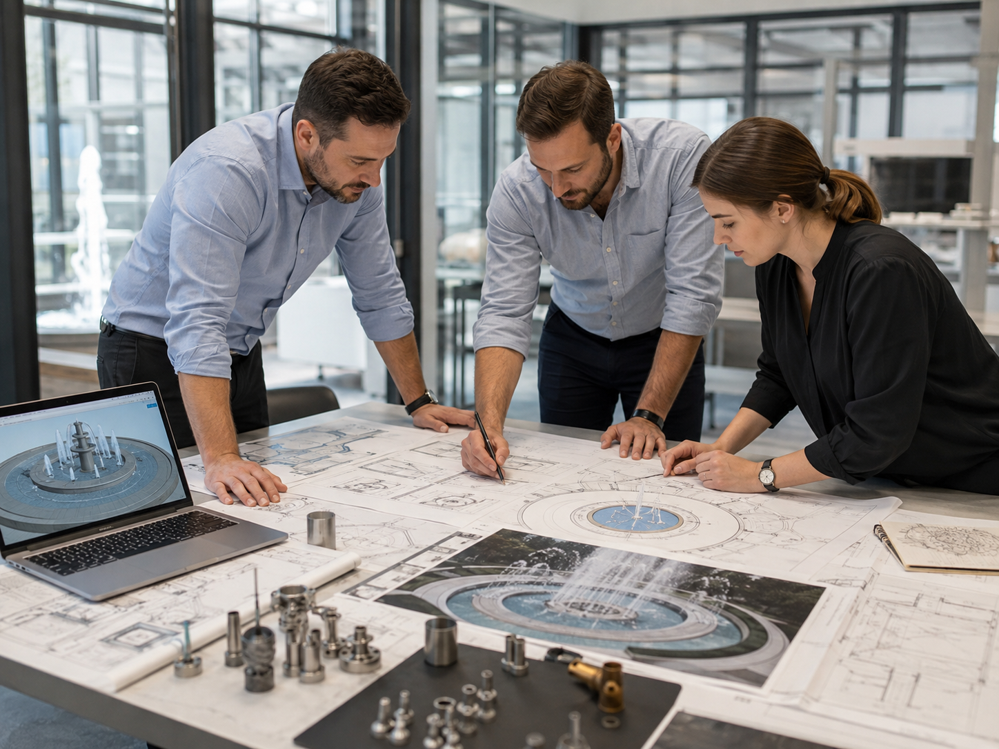 Equipo de ingeniería revisando planos de una fuente especializada