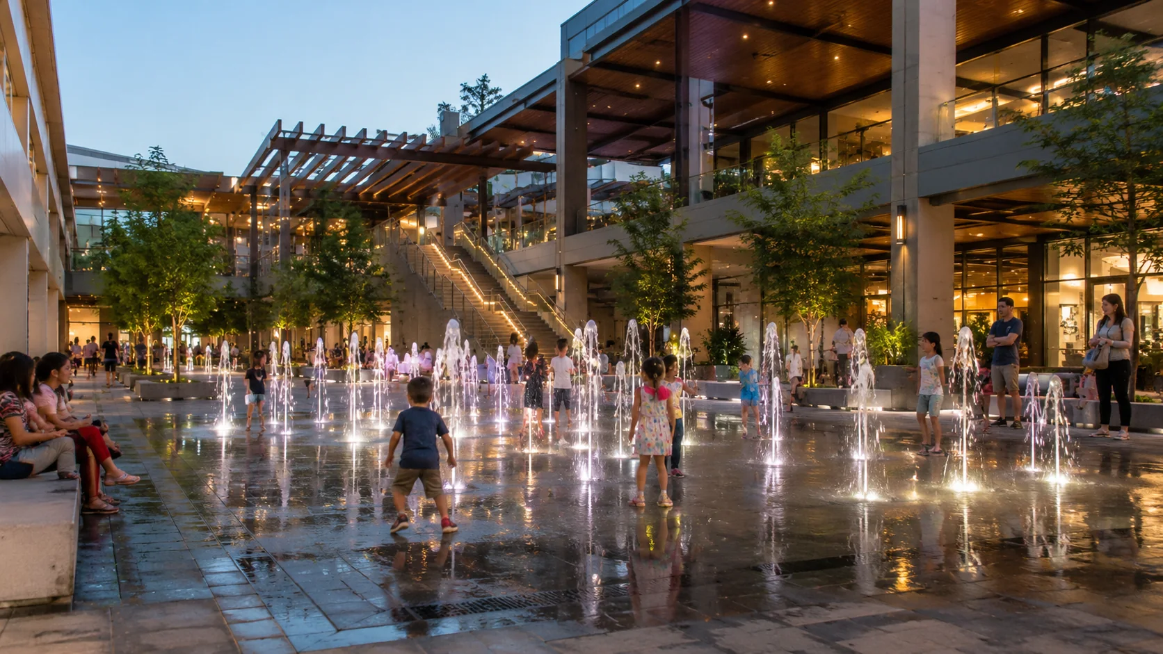 Fuente de piso interactiva en plaza comercial con familias y niños