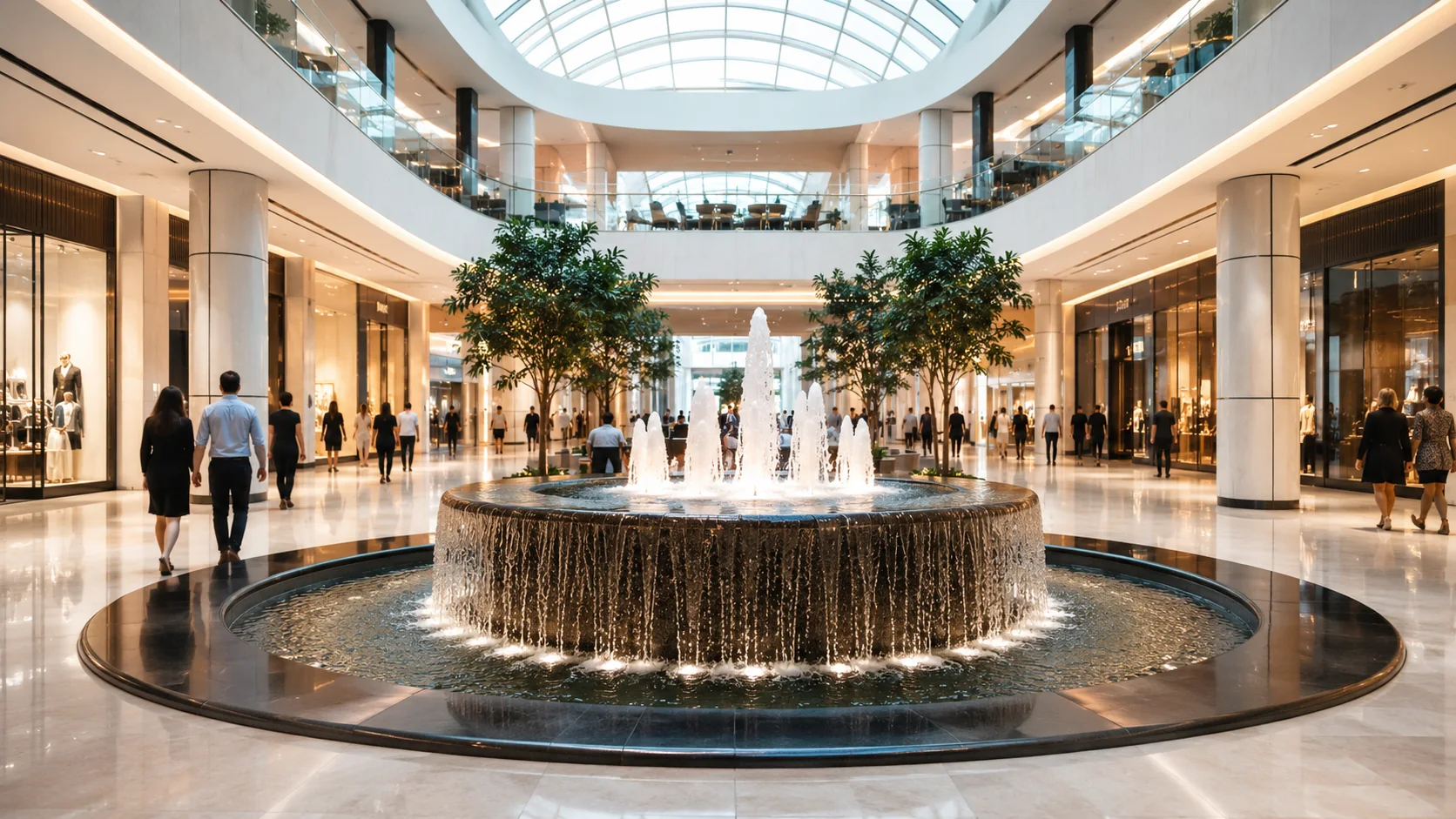 Fuente circular interior con cascada y chorros en centro comercial