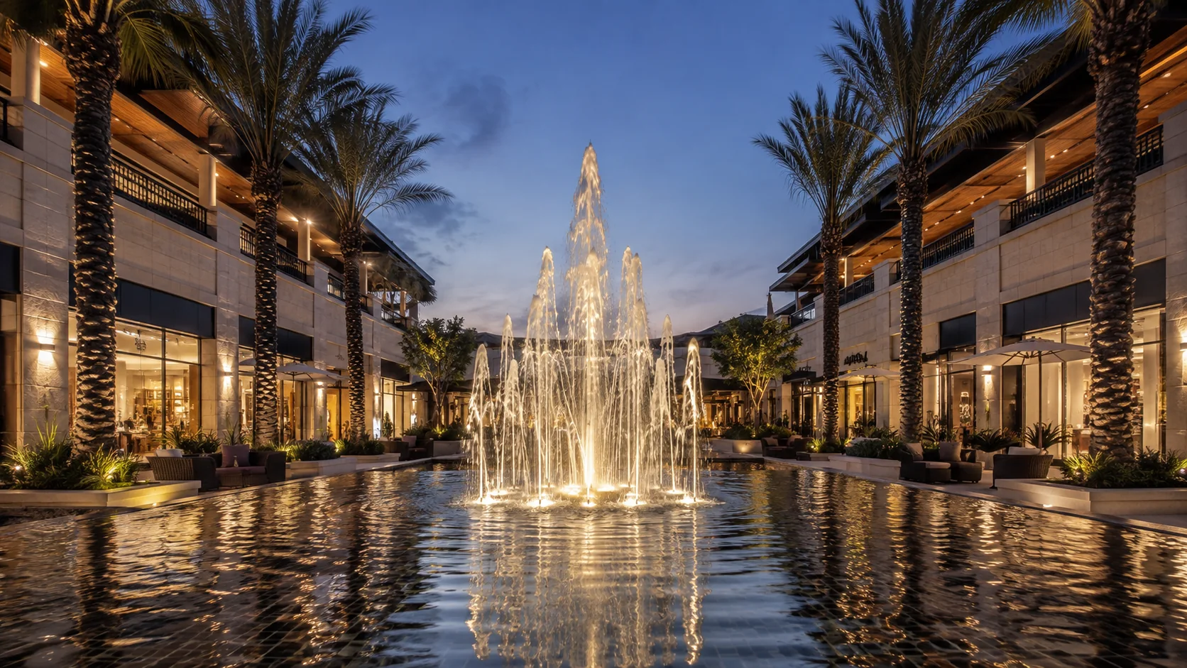 Fuente ornamental con chorros iluminados en corredor comercial con palmeras