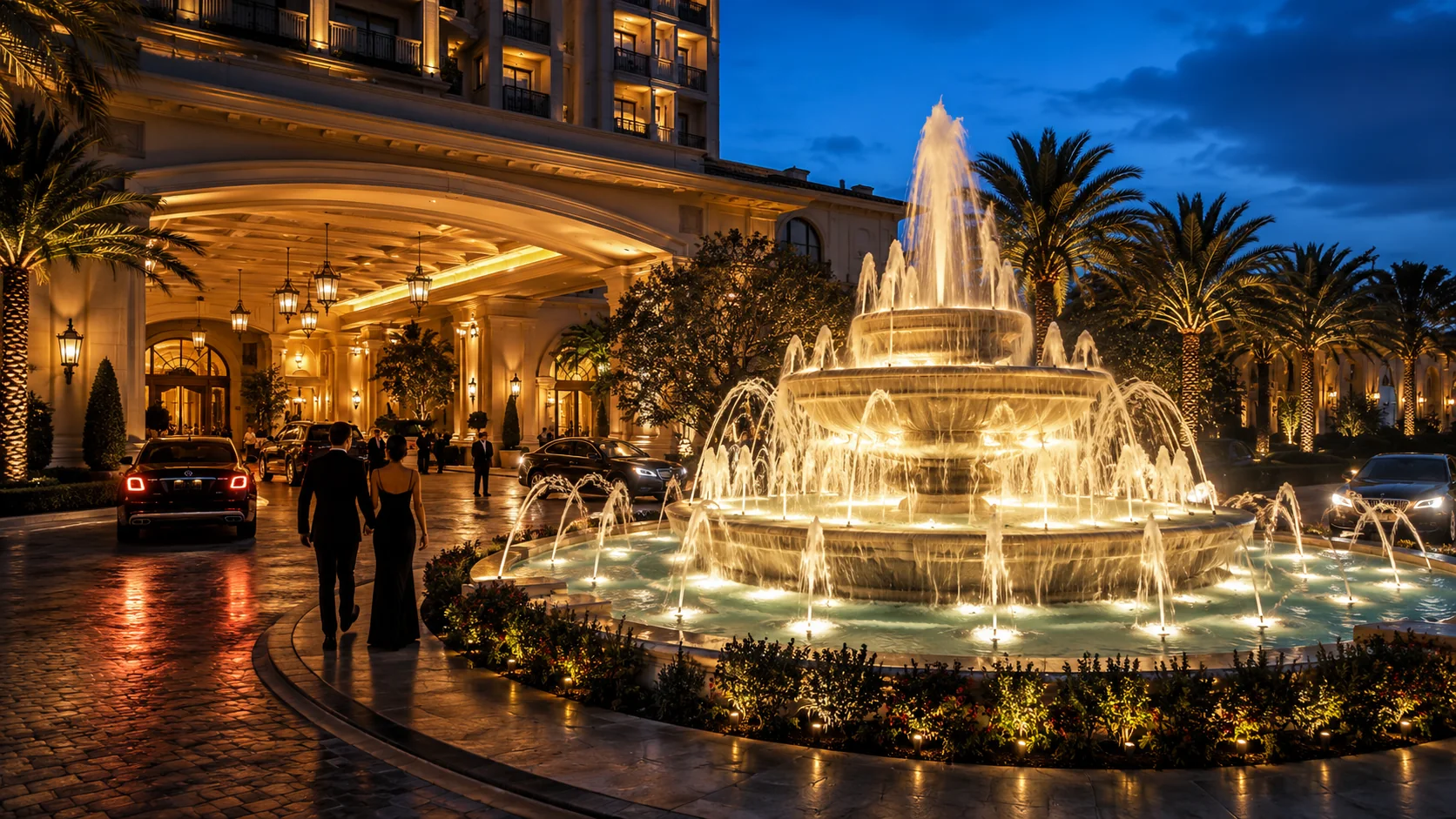 Fuente monumental iluminada en el acceso principal de un hotel de lujo