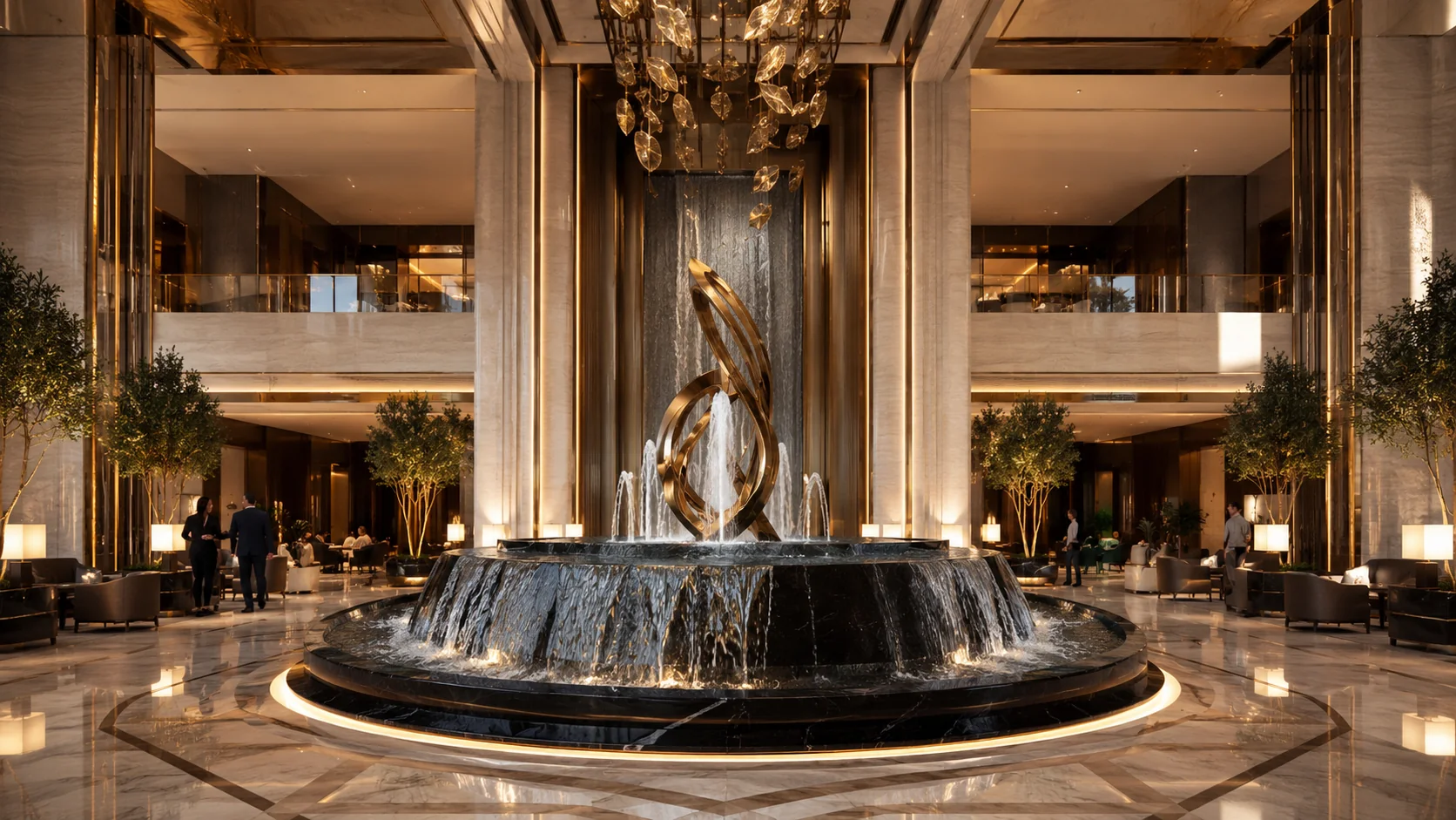 Fuente ornamental de lujo integrada al lobby de un hotel