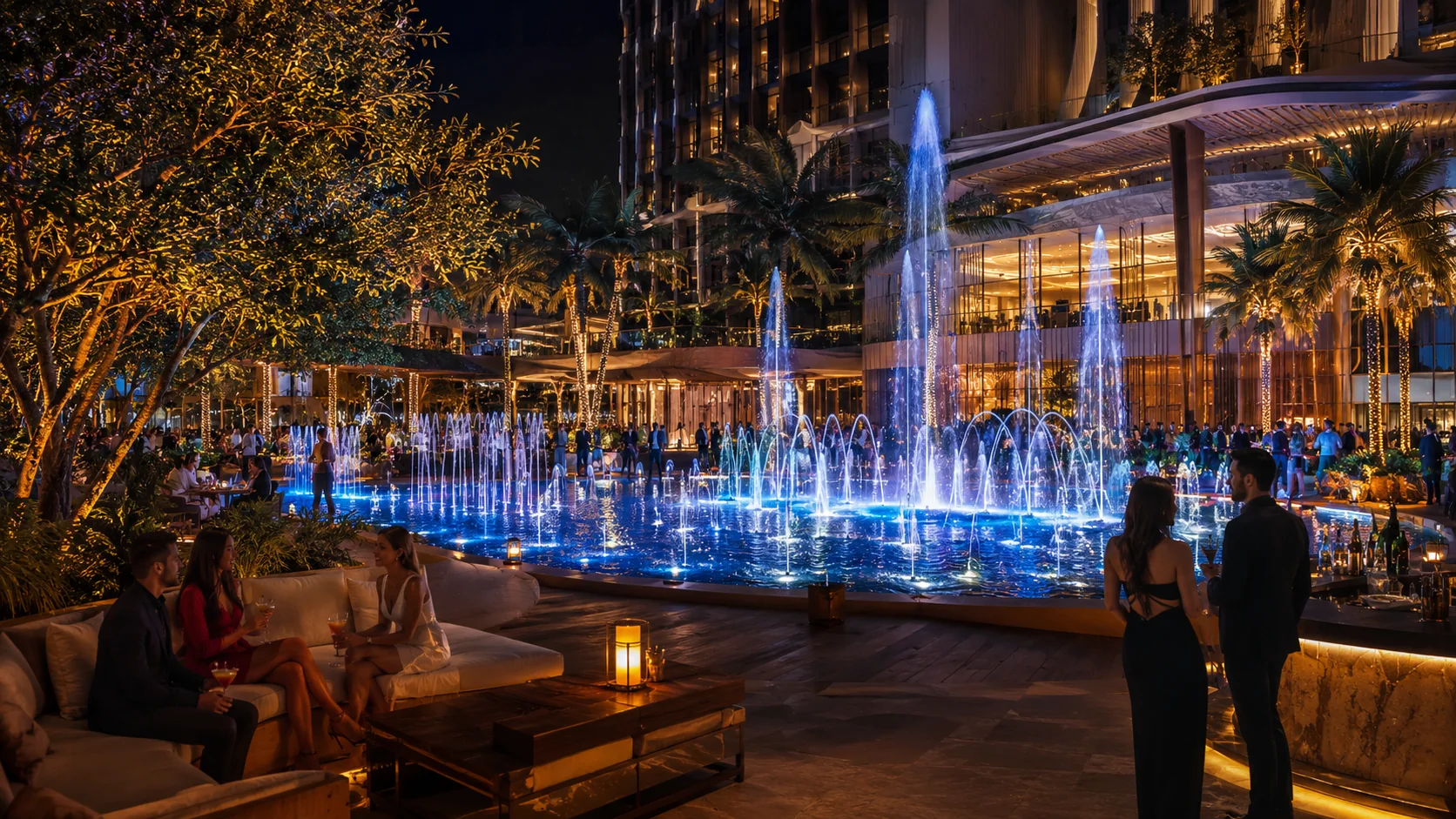 Fuente iluminada integrada a la experiencia nocturna de un resort
