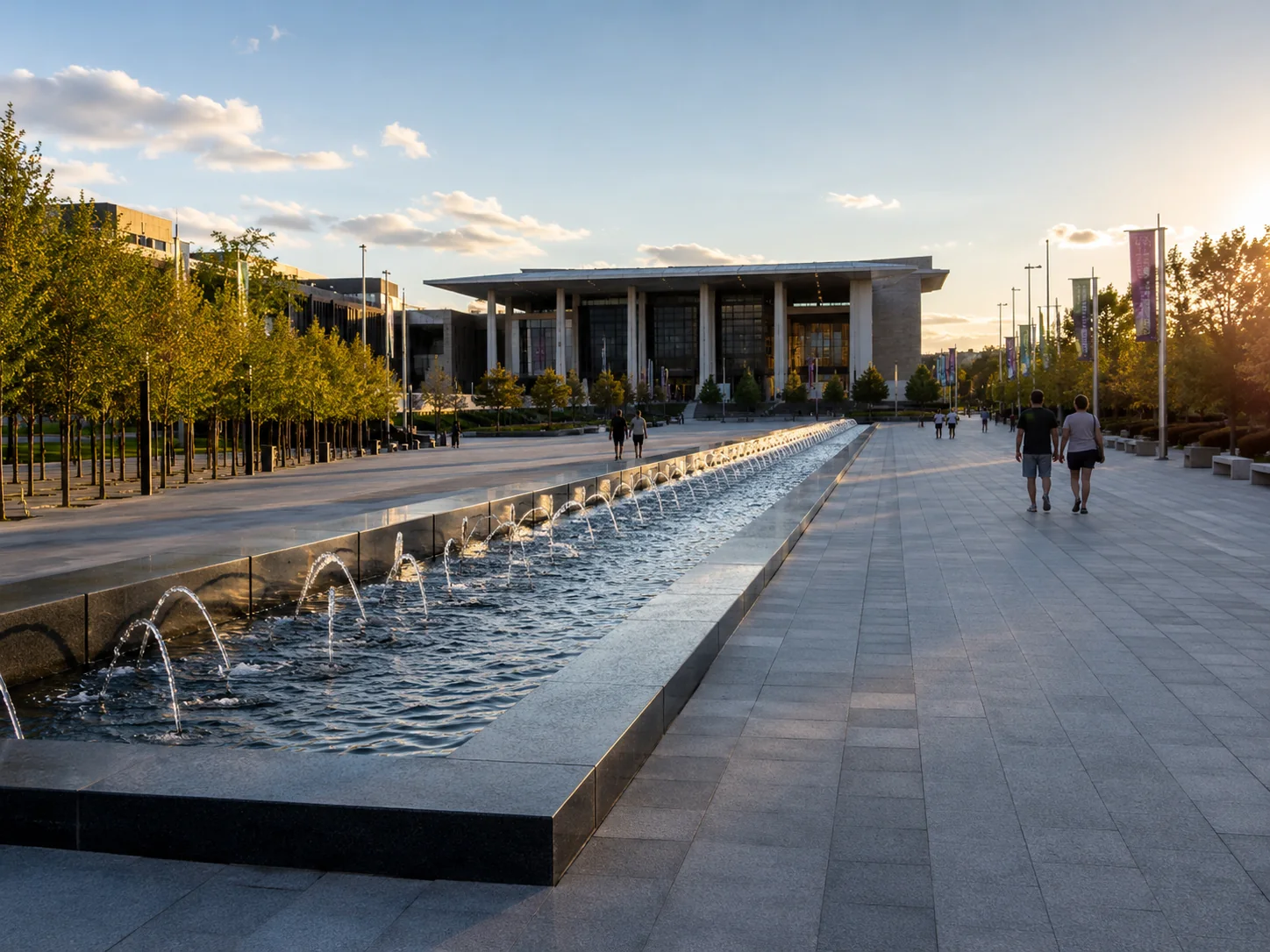 Fuente lineal en explanada pública contemporánea