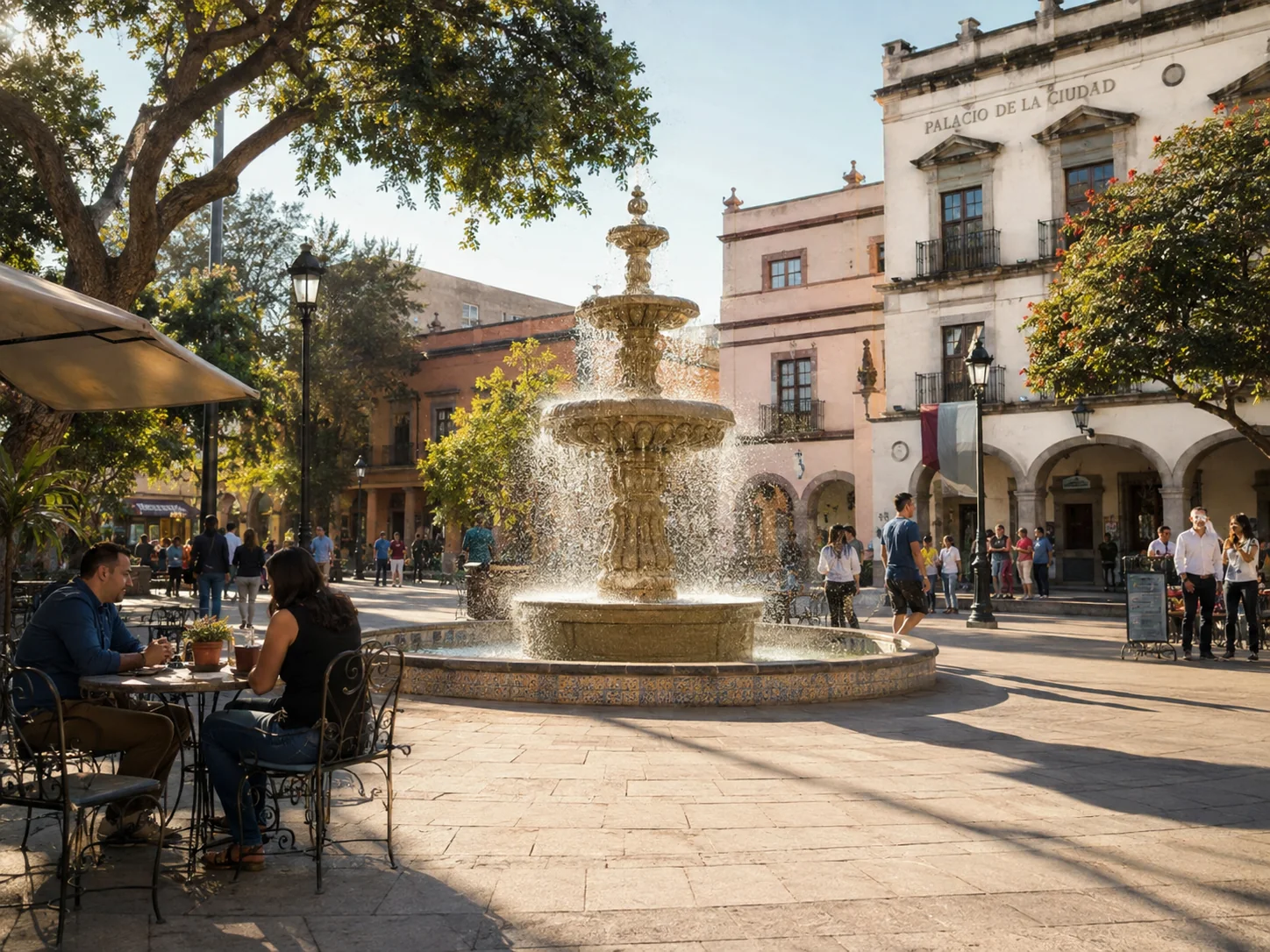 Fuente ornamental en plaza de centro histórico