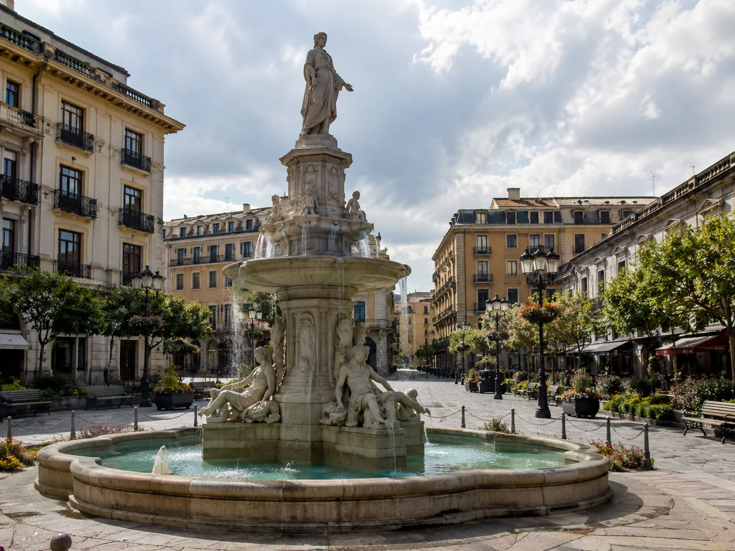 Fuente ornamental clásica integrada a una plaza pública