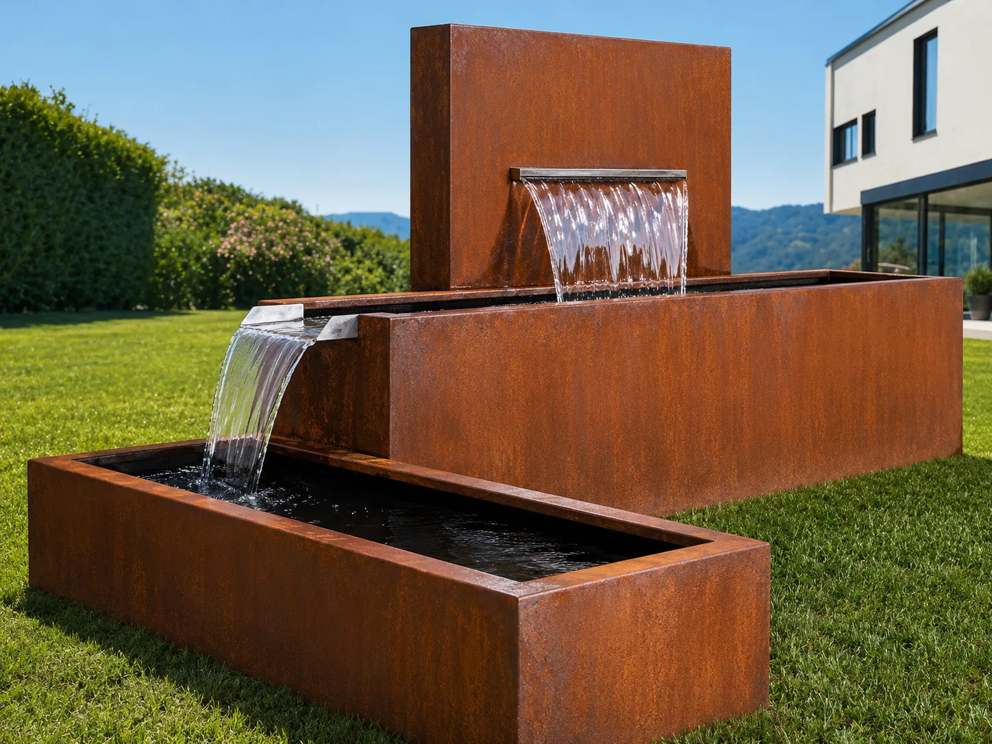 Fuente escalonada de acero corten con dos cascadas