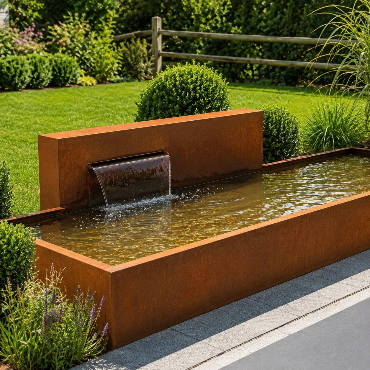 Fuente prefabricada rectangular de acero corten con cascada