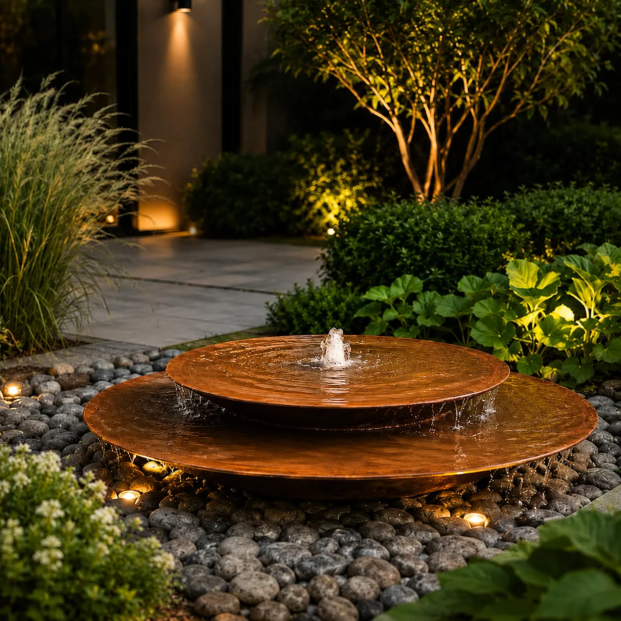 Fuente circular de doble plato de acero corten