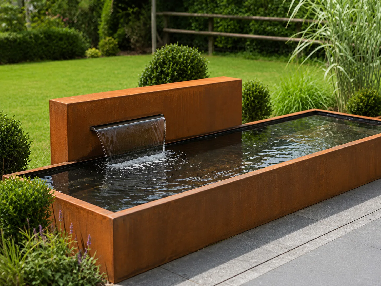 Fuente lineal prefabricada de acero corten
