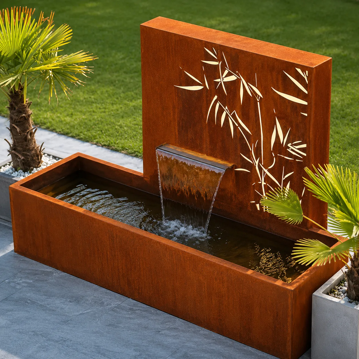 Fuente de acero corten con panel decorativo y cascada
