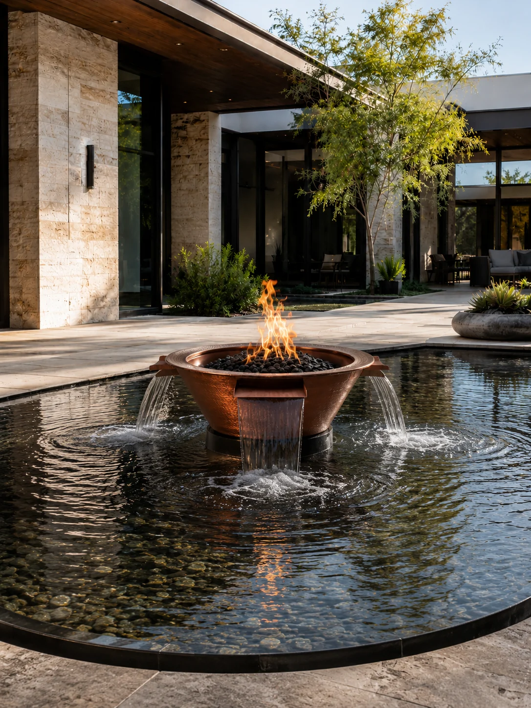 Cuenco de cobre con fuego y cascadas