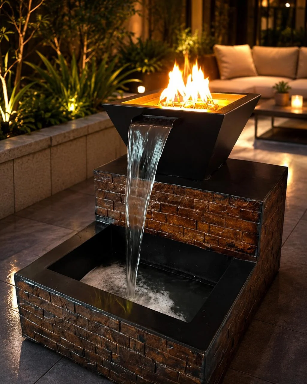 Fuente compacta con fuego y cascada frontal
