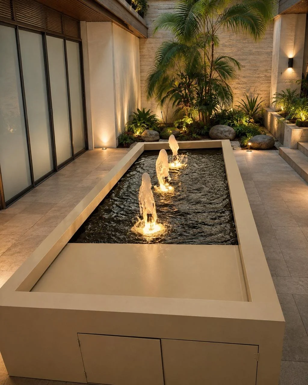 Fuente rectangular con tres borbotones iluminados