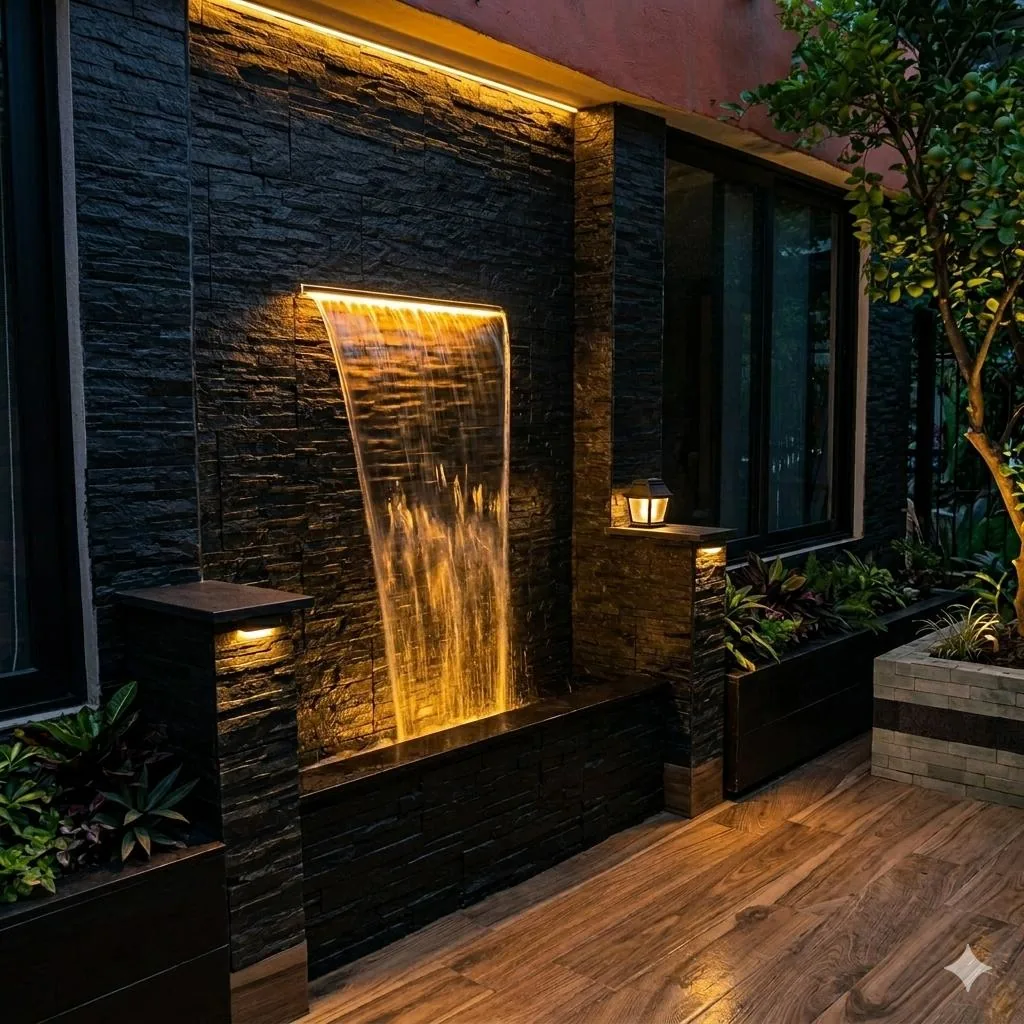 Muro de agua prefabricado con iluminación cálida