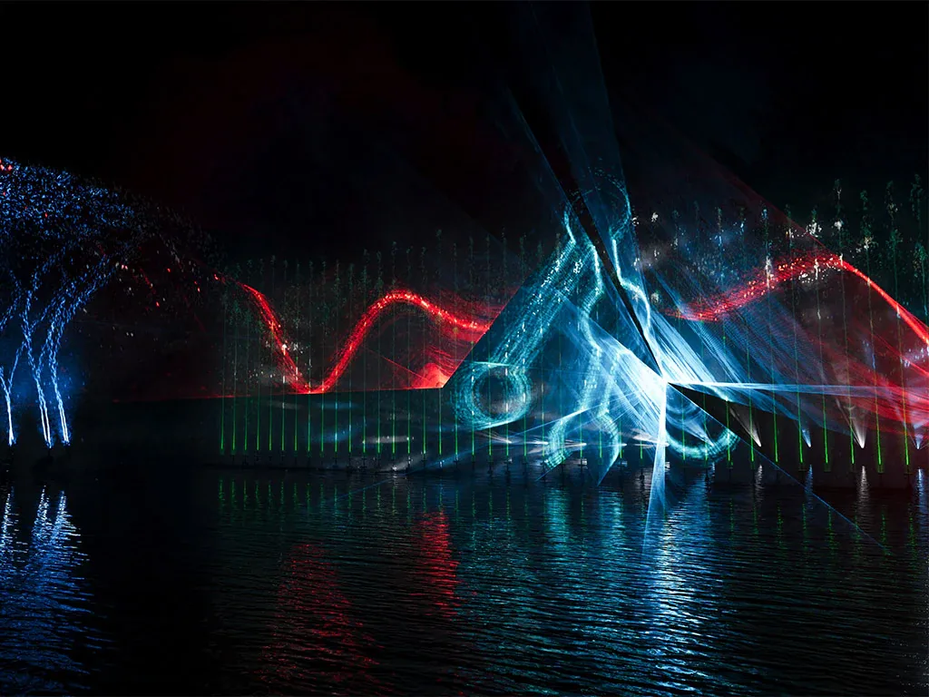 Simulación 3D de fuente multimedia con luces y efectos de agua
